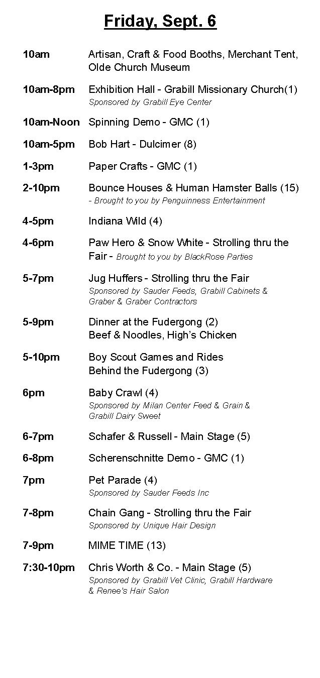 Grabill Country Fair 2017 Friday Schedule