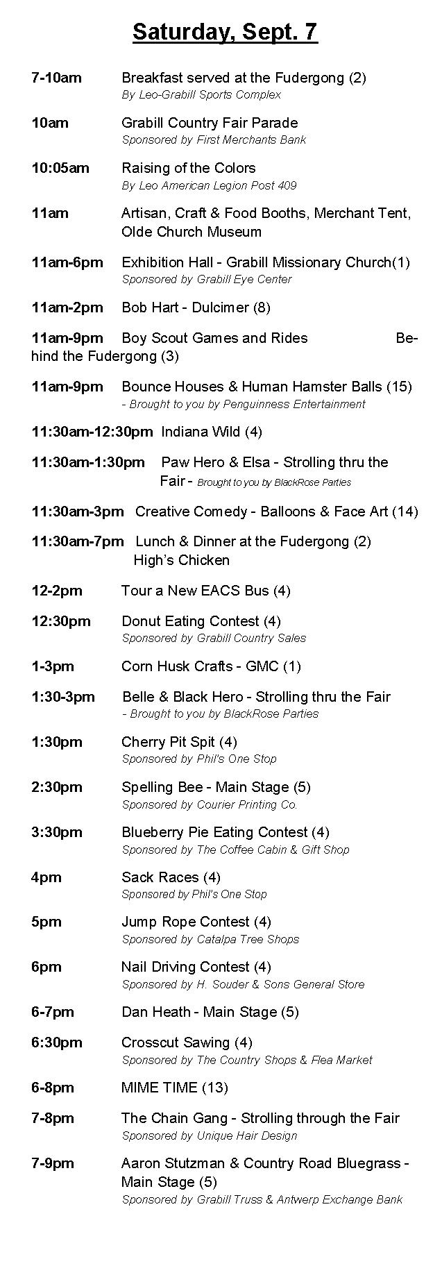 Grabill Country Fair 2017 Saturday Schedule