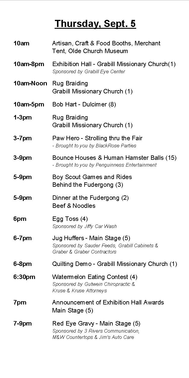 Grabill Country Fair 2017 Thursday Schedule